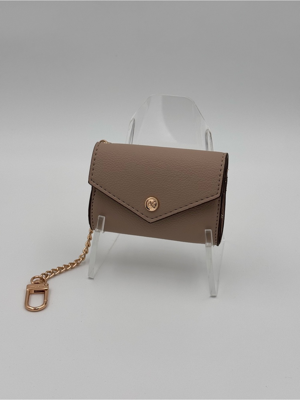 Anne Klein Beige Pebbled Card Holder Wallet Gold Chain Keychain